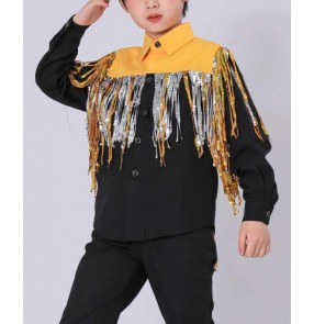 Boys black gold sequins fringe jazz dance shirts pianist host model show catwalk drummer rapper singers gogo dancers performance tops for kids